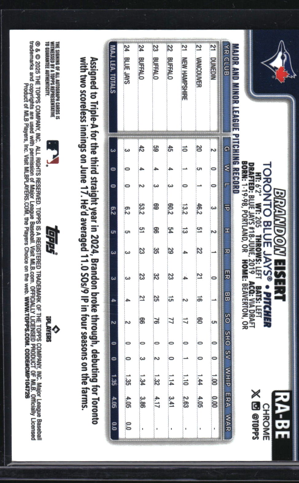 2025 Topps Chrome #RA-BE Brandon Eisert Rookie Autographs