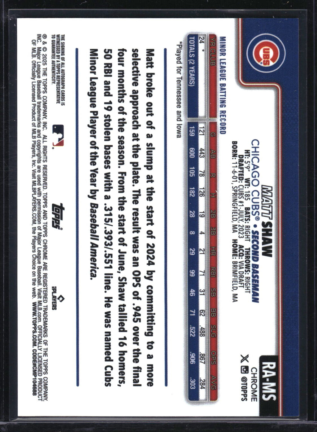 2025 Topps Chrome #RA-MS Matt Shaw Rookie Autographs Purple Refractor #/250