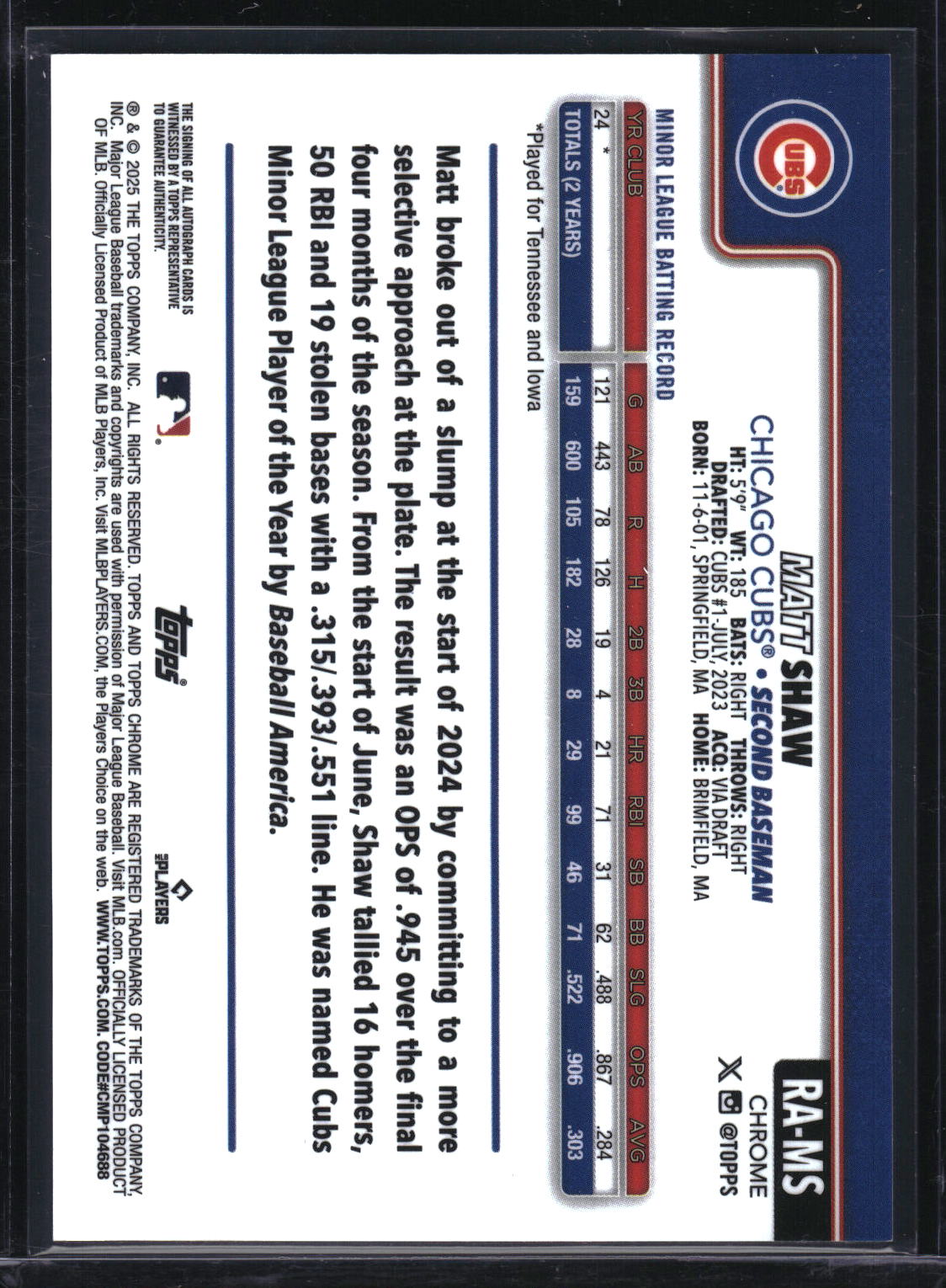 2025 Topps Chrome #RA-MS Matt Shaw Rookie Autographs Purple Refractor #/250