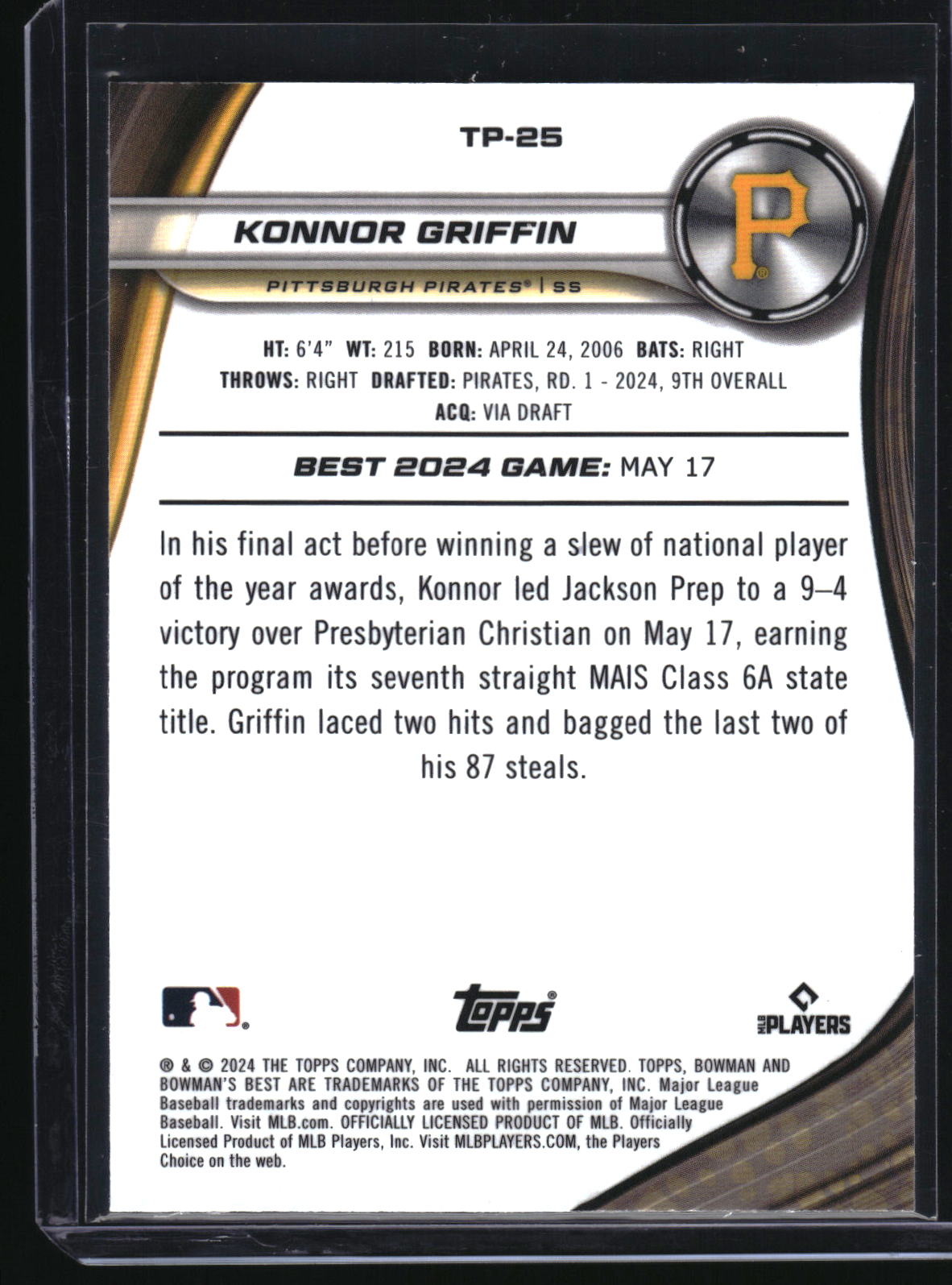2024 Bowman's Best #TP-25 Konnor Griffin Prospects
