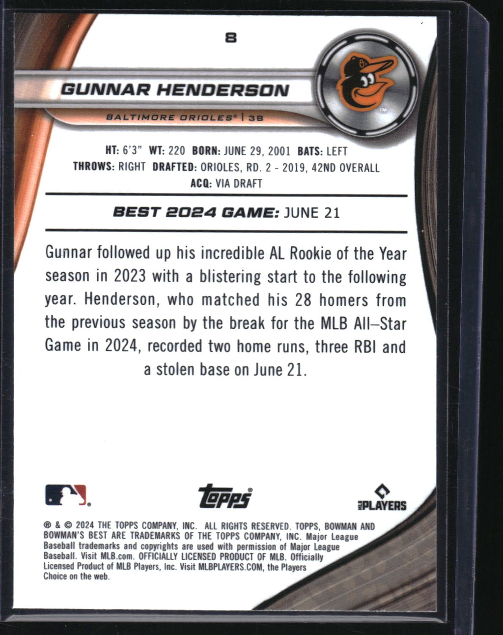 2024 Bowman's Best #8 Gunnar Henderson Aqua Lava Refractor #/199