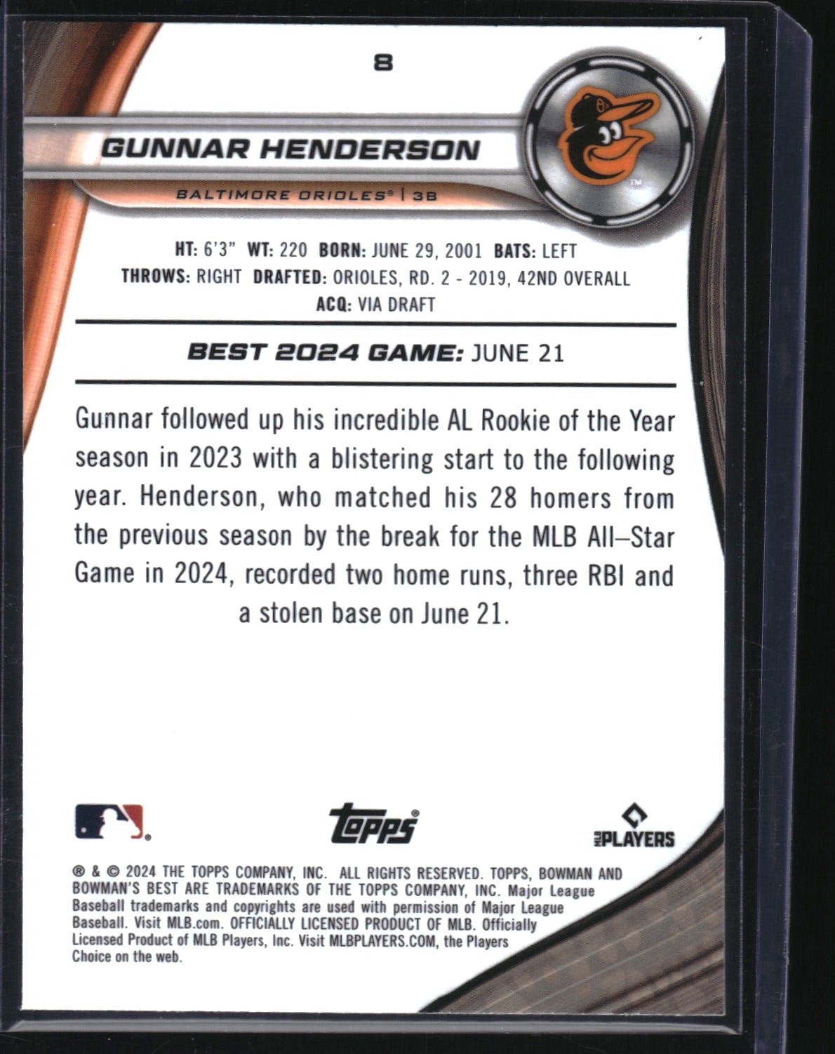 2024 Bowman's Best #8 Gunnar Henderson Aqua Lava Refractor #/199