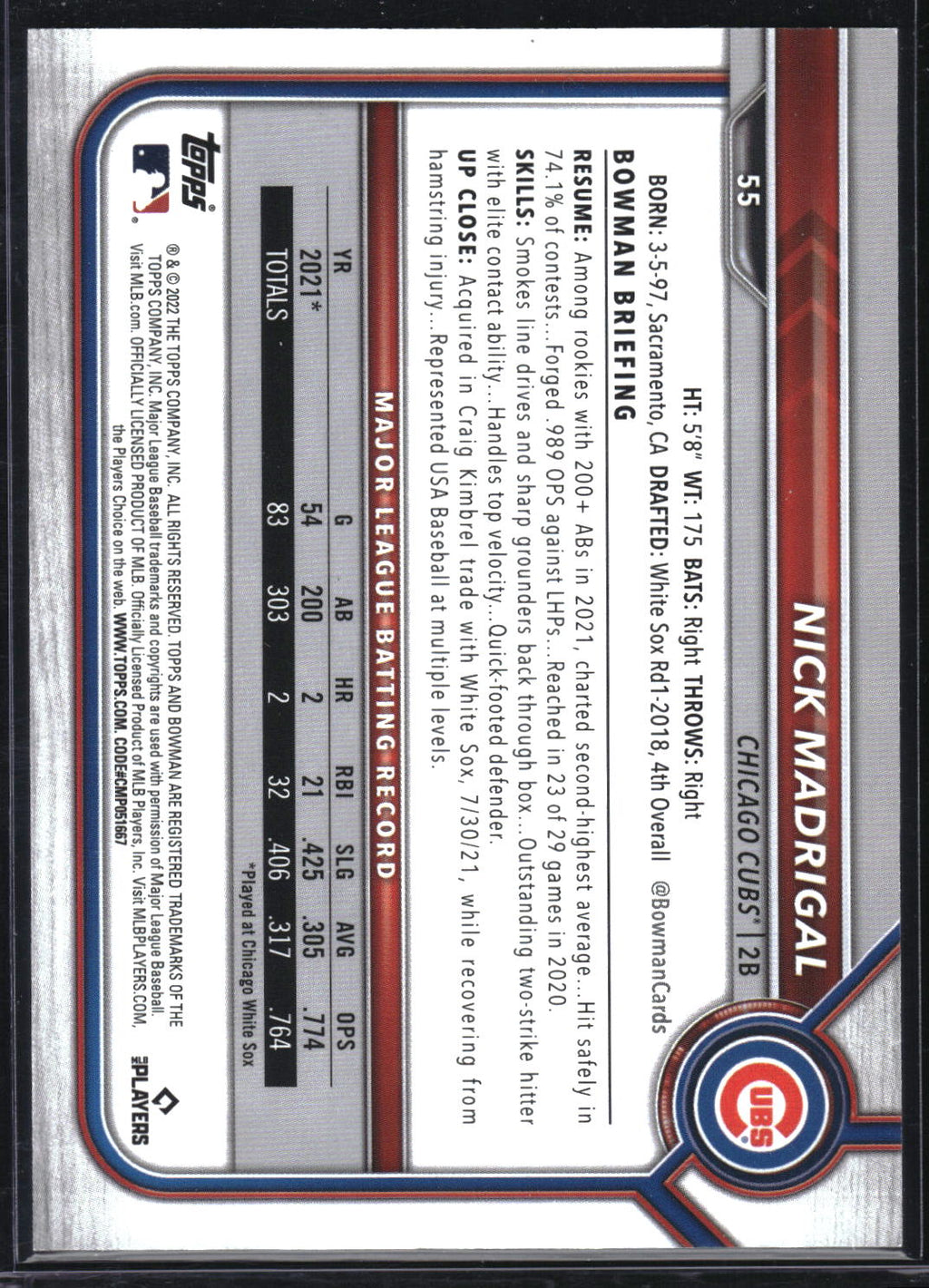 2022 Bowman #55 Nick Madrigal Sky Blue #/499