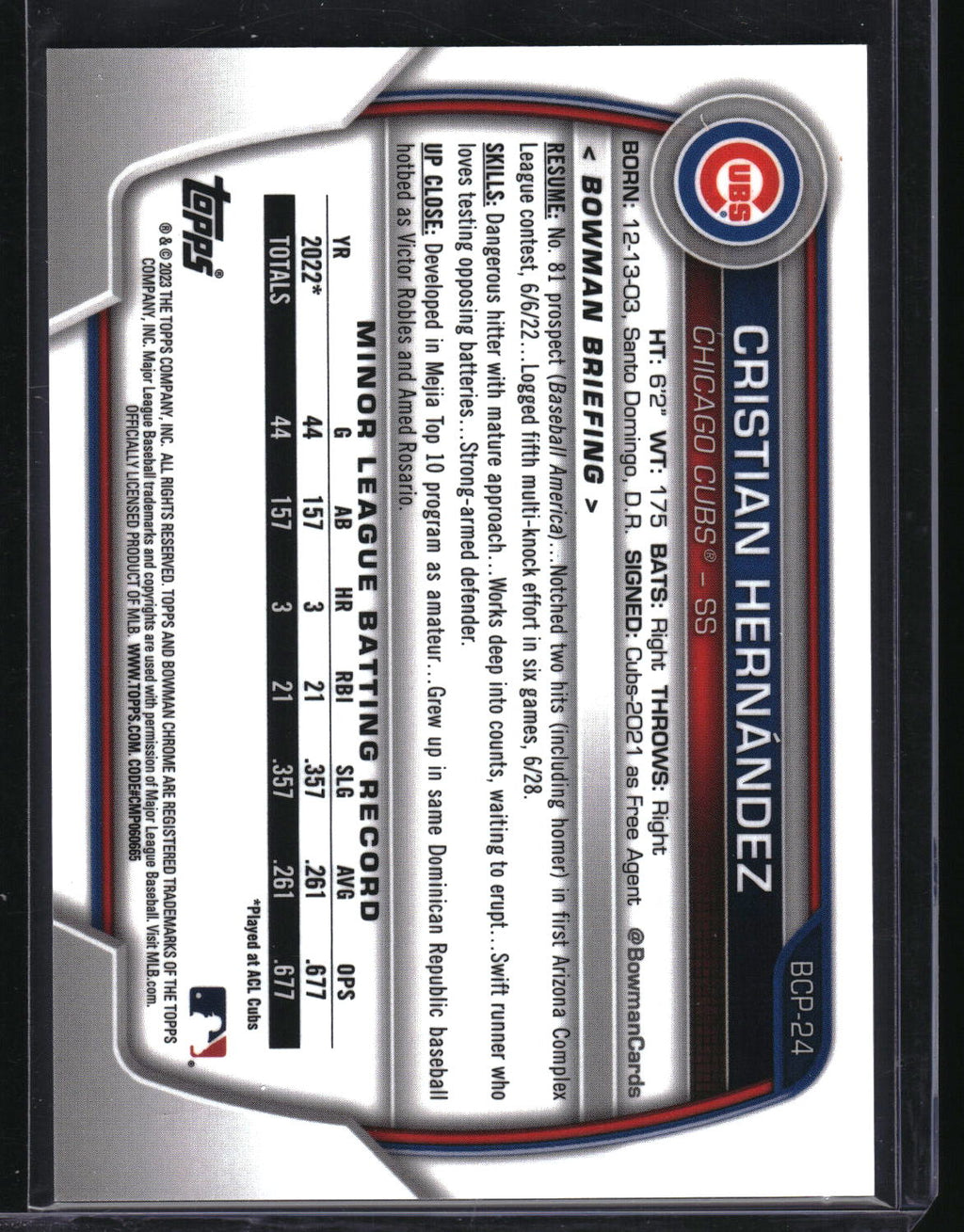 2023 Bowman #BCP-24 Cristian Hernández Chrome Prospects Purple Refractor #/250