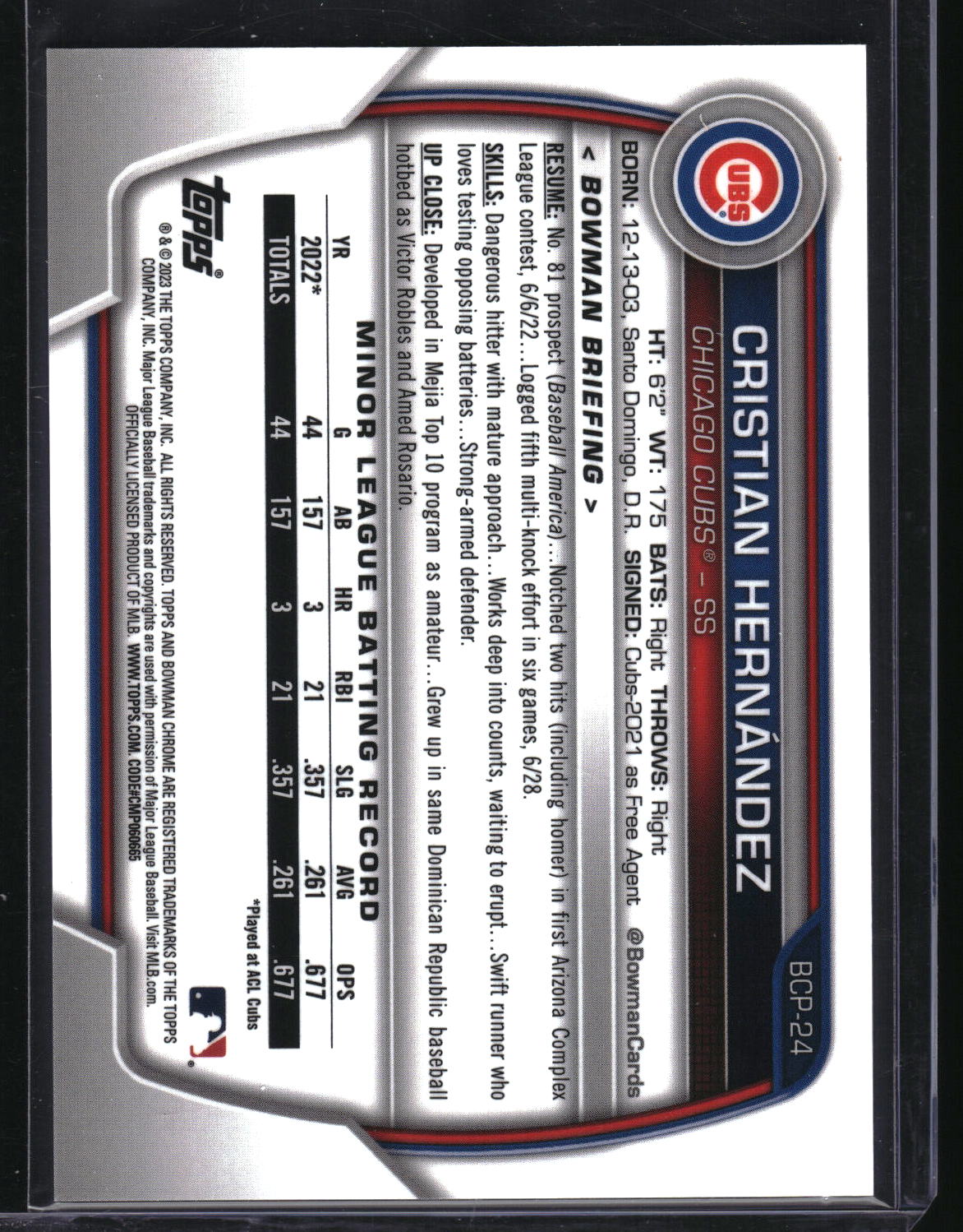 2023 Bowman #BCP-24 Cristian Hernández Chrome Prospects Purple Refractor #/250