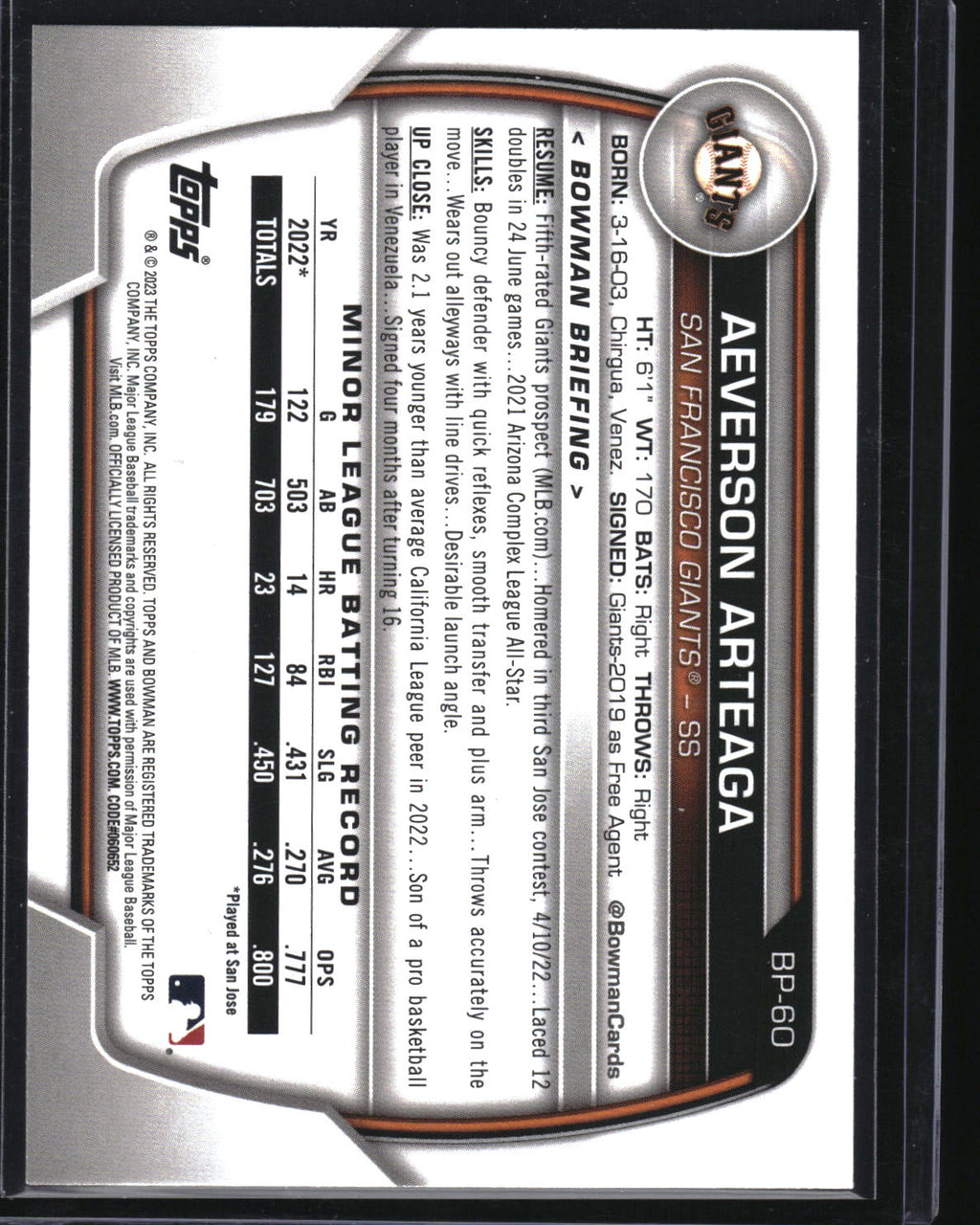 2023 Bowman #BP-60 Aeverson Arteaga Prospects Blue Pattern #/125