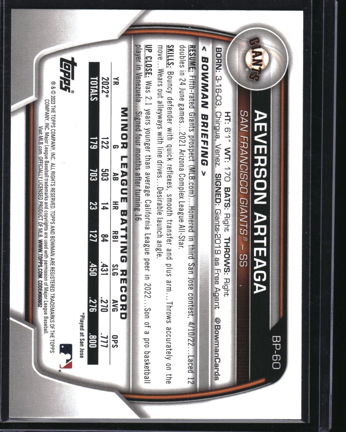 2023 Bowman #BP-60 Aeverson Arteaga Prospects Blue Pattern #/125