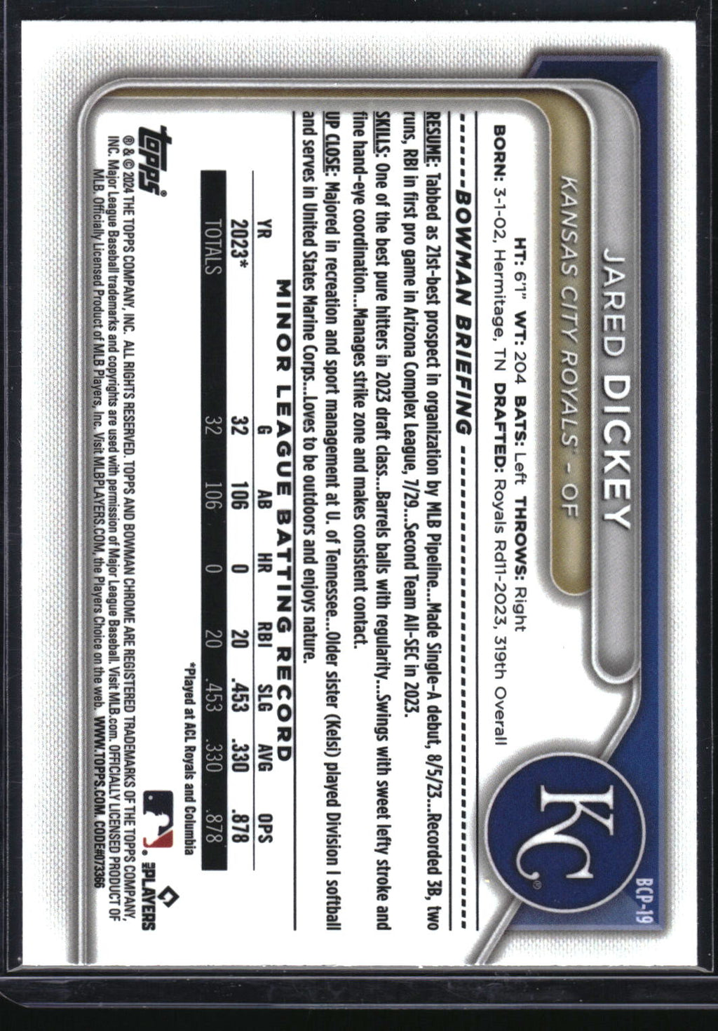 2024 Bowman #BCP-19 Jared Dickey Chrome Prospects Fuchsia Refractor #/199