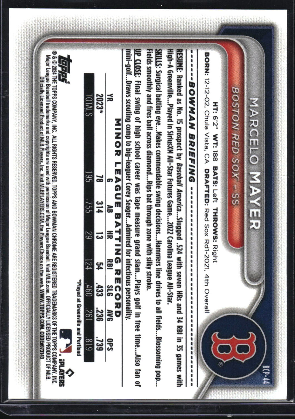 2024 Bowman #BCP-44 Marcelo Mayer Chrome Prospects Green Grass Refractor #/99