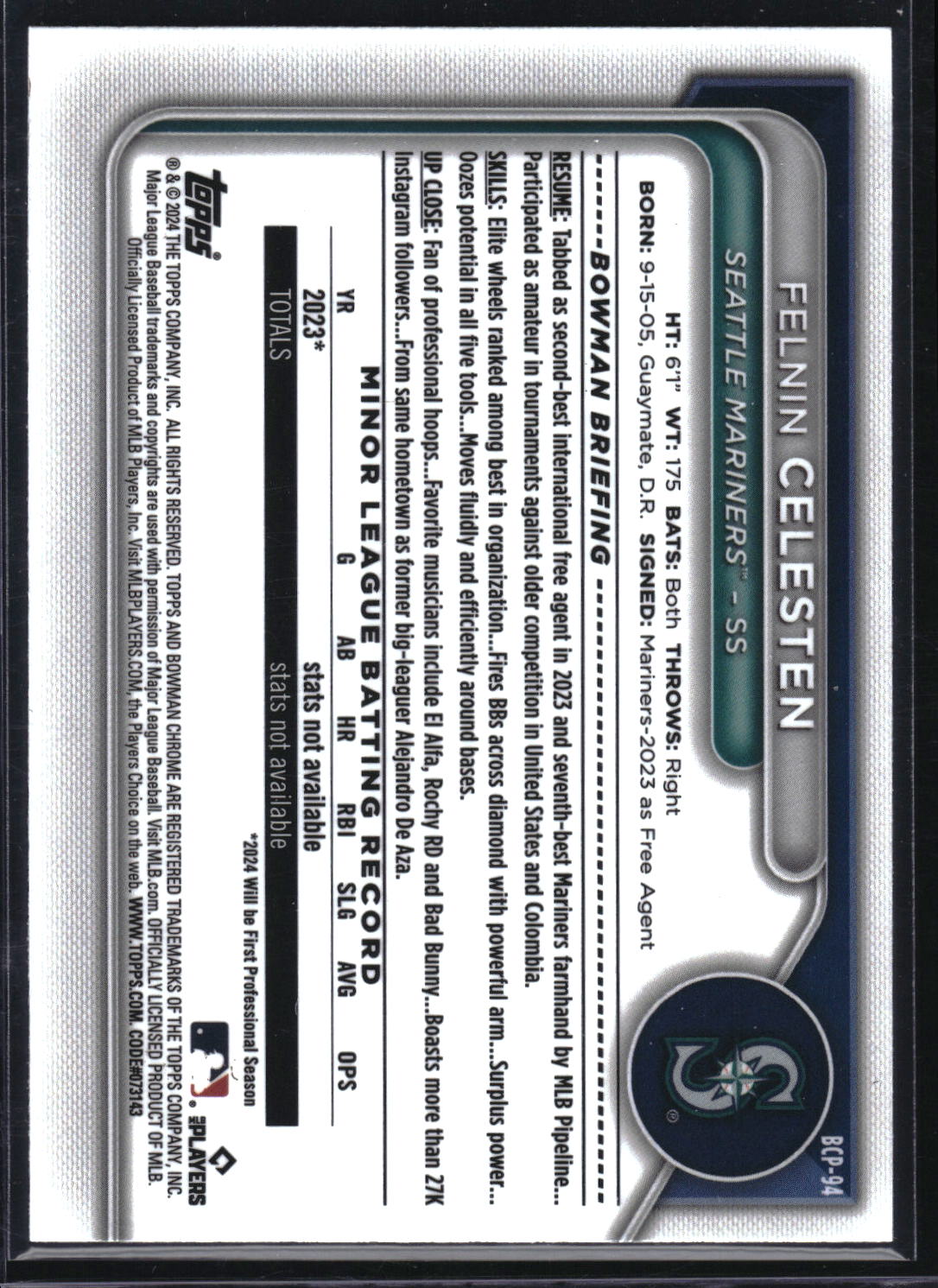 2024 Bowman #BCP-94 Felnin Celesten Chrome Prospects Green Grass Refractor #/99