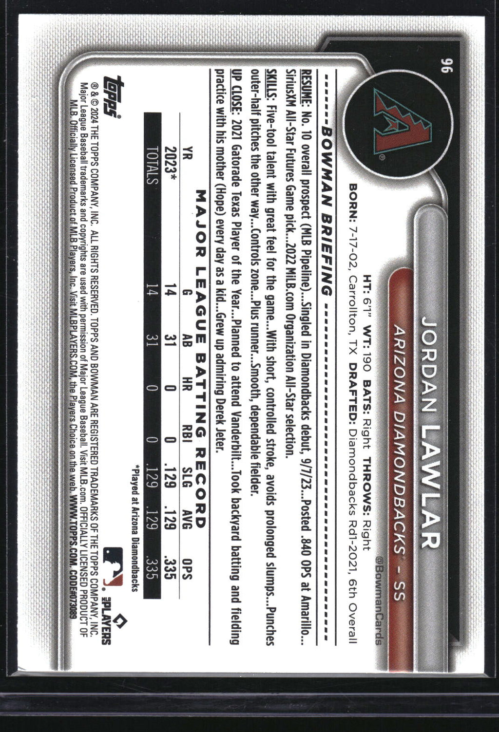 2024 Bowman #96 Jordan Lawlar Neon Green #/399