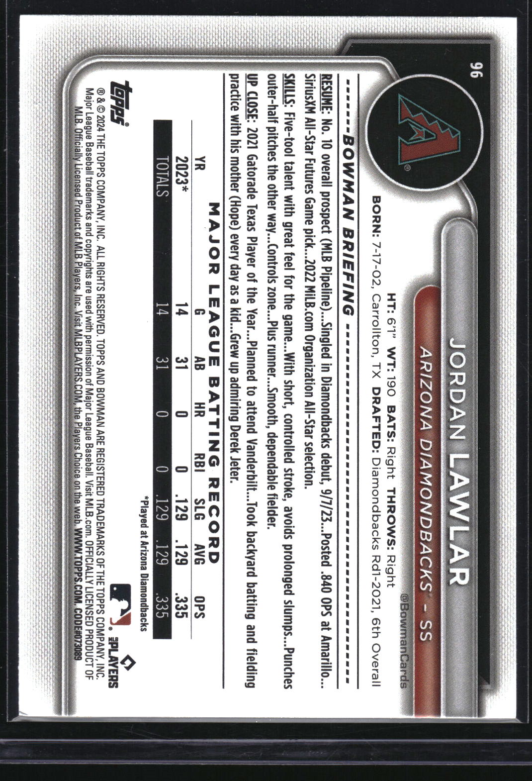 2024 Bowman #96 Jordan Lawlar Neon Green #/399