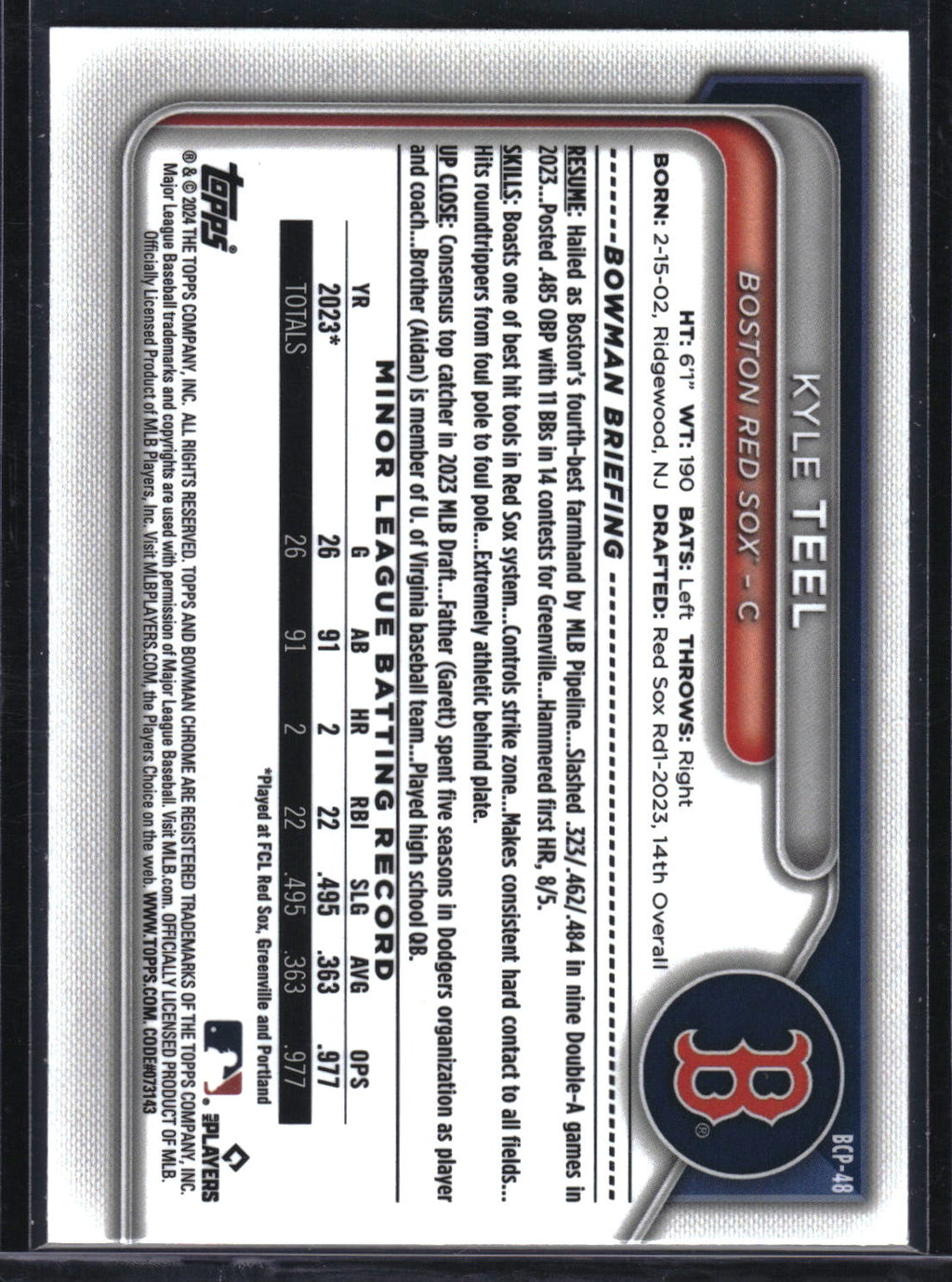 2024 Bowman #BCP-48 Kyle Teel Chrome Prospects Lunar Glow Refractor