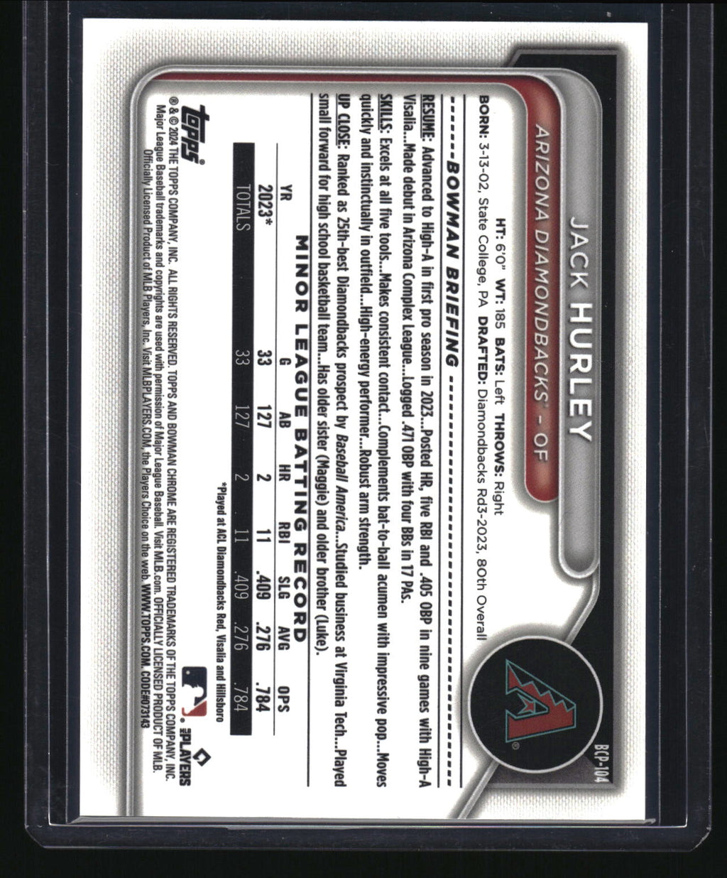 2024 Bowman #BCP-104 Jack Hurley Chrome Prospects Green Shimmer Refractor #/99