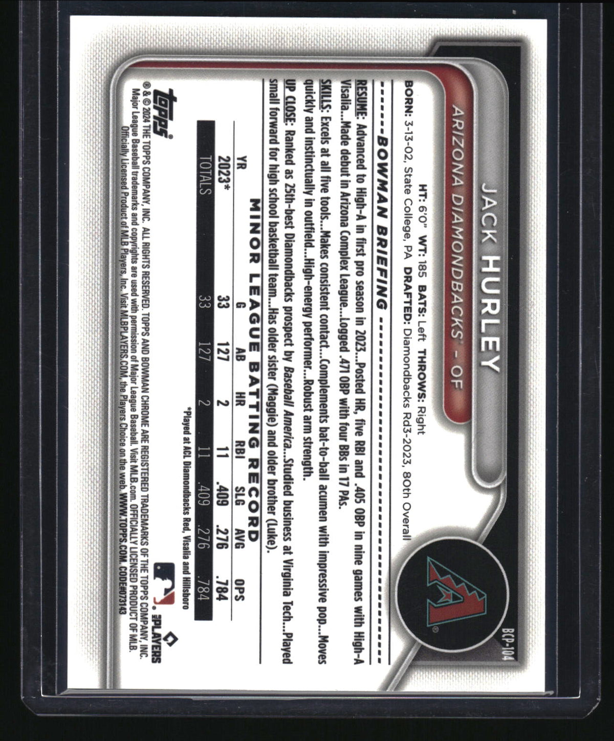 2024 Bowman #BCP-104 Jack Hurley Chrome Prospects Green Shimmer Refractor #/99