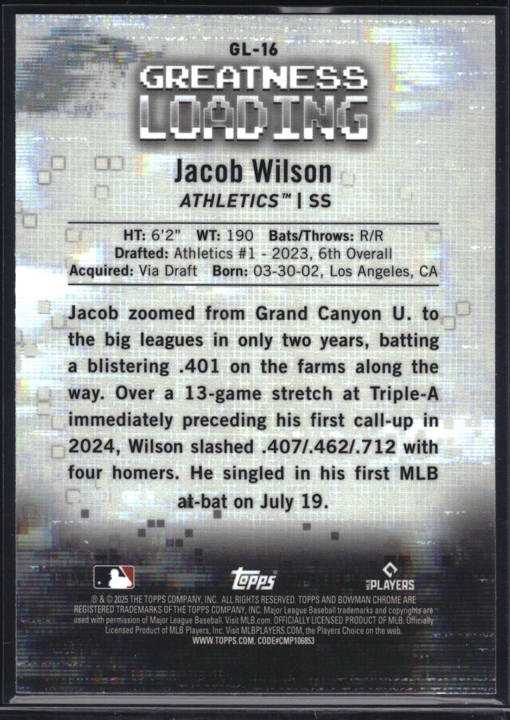 2025 Bowman #GL-16 Jacob Wilson Greatness Loading