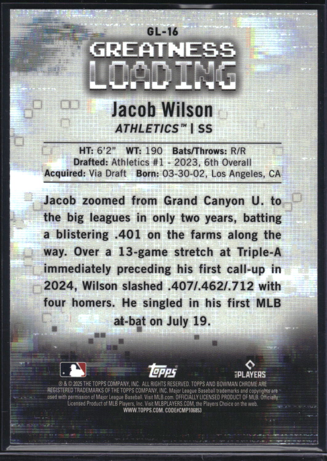 2025 Bowman #GL-16 Jacob Wilson Greatness Loading