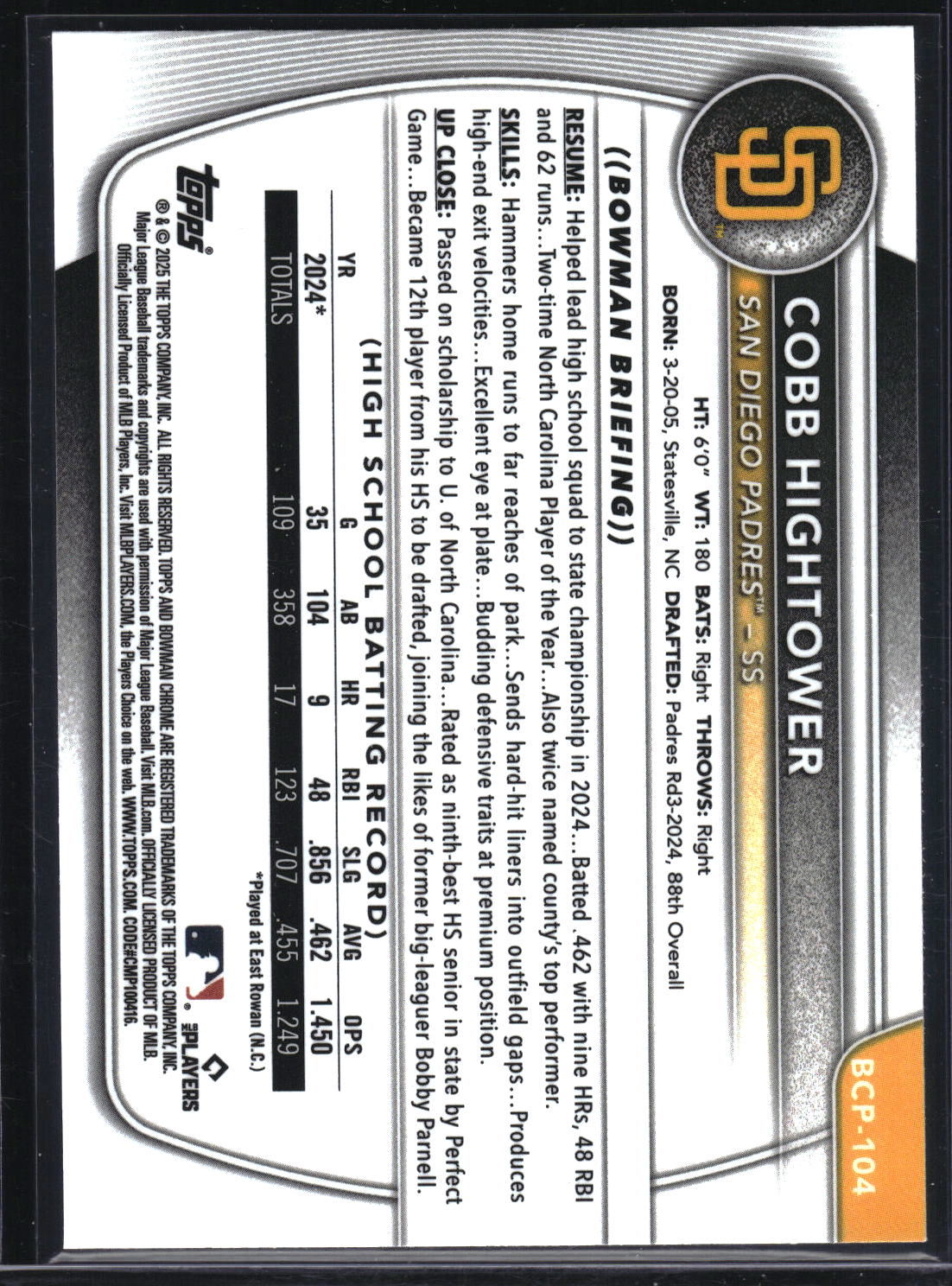 2025 Bowman #BCP-104 Cobb Hightower Chrome Prospects Reptilian Refractor