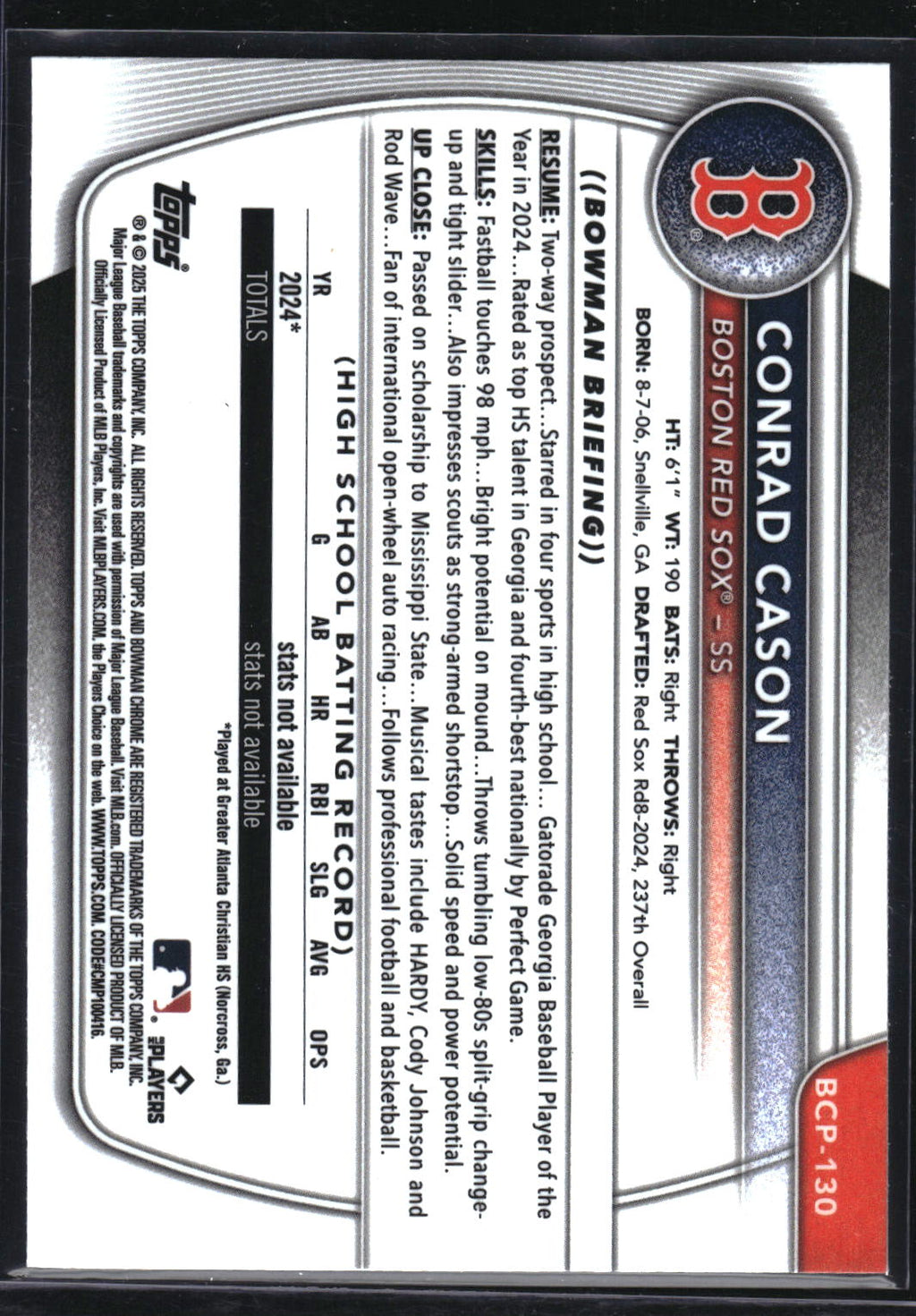 2025 Bowman #BCP-130 Conrad Cason Chrome Prospects Reptilian Refractor
