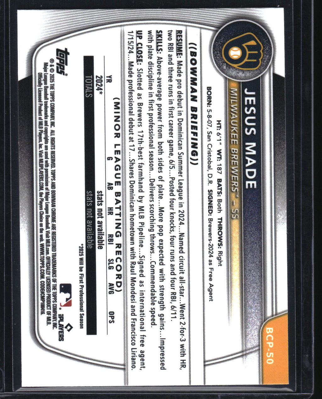 2025 Bowman #BCP-50 Jesus Made Chrome Prospects Reptilian Refractor