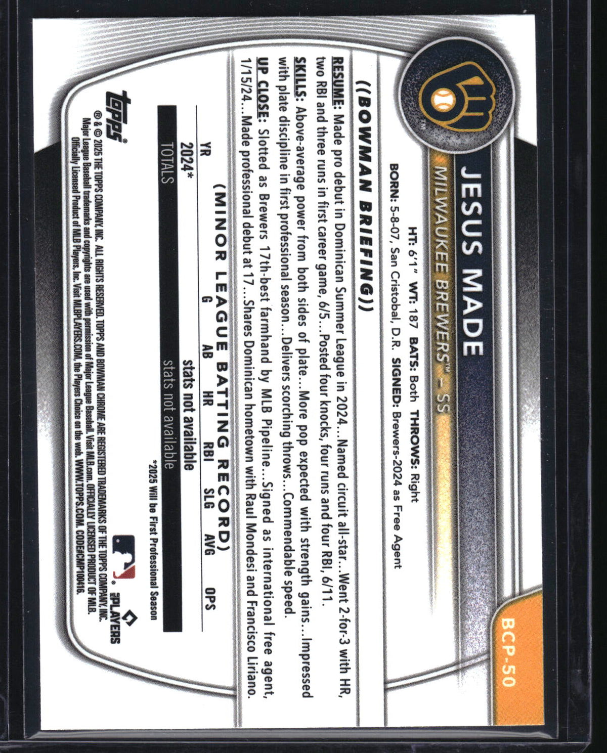 2025 Bowman #BCP-50 Jesus Made Chrome Prospects Reptilian Refractor