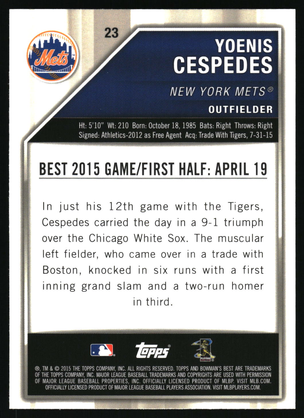 2015 Bowman's Best #23 Yoenis Cespedes Refractor