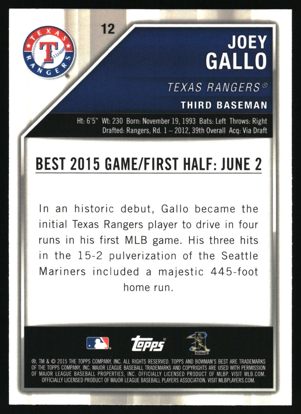 2015 Bowman's Best #12 Joey Gallo