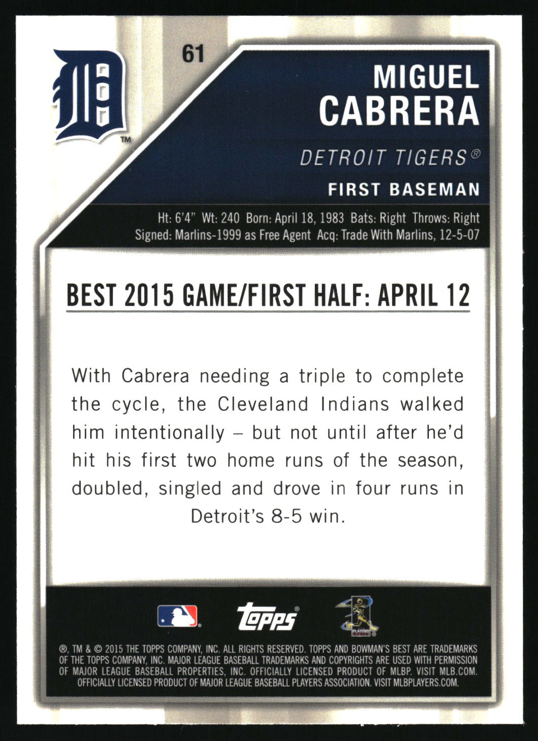 2015 Bowman's Best #61 Miguel Cabrera