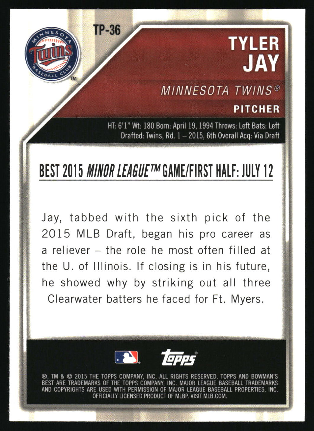 2015 Bowman's Best #TP-36 Tyler Jay Top Prospects Refractor