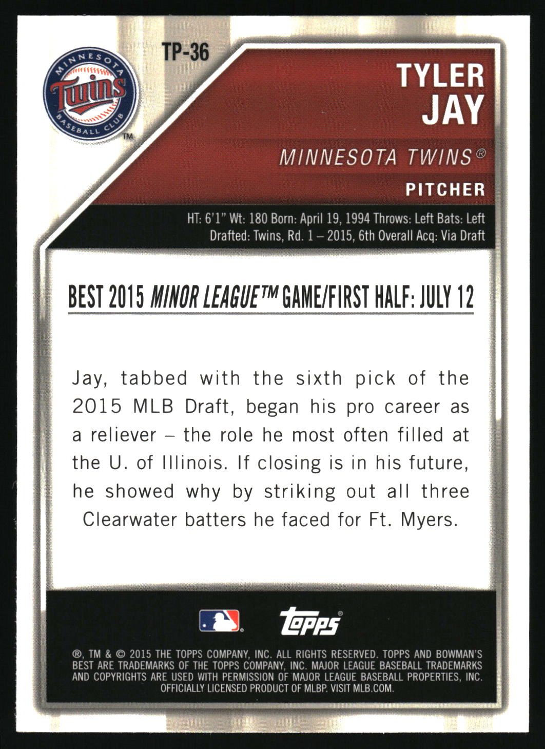 2015 Bowman's Best #TP-36 Tyler Jay Top Prospects Refractor