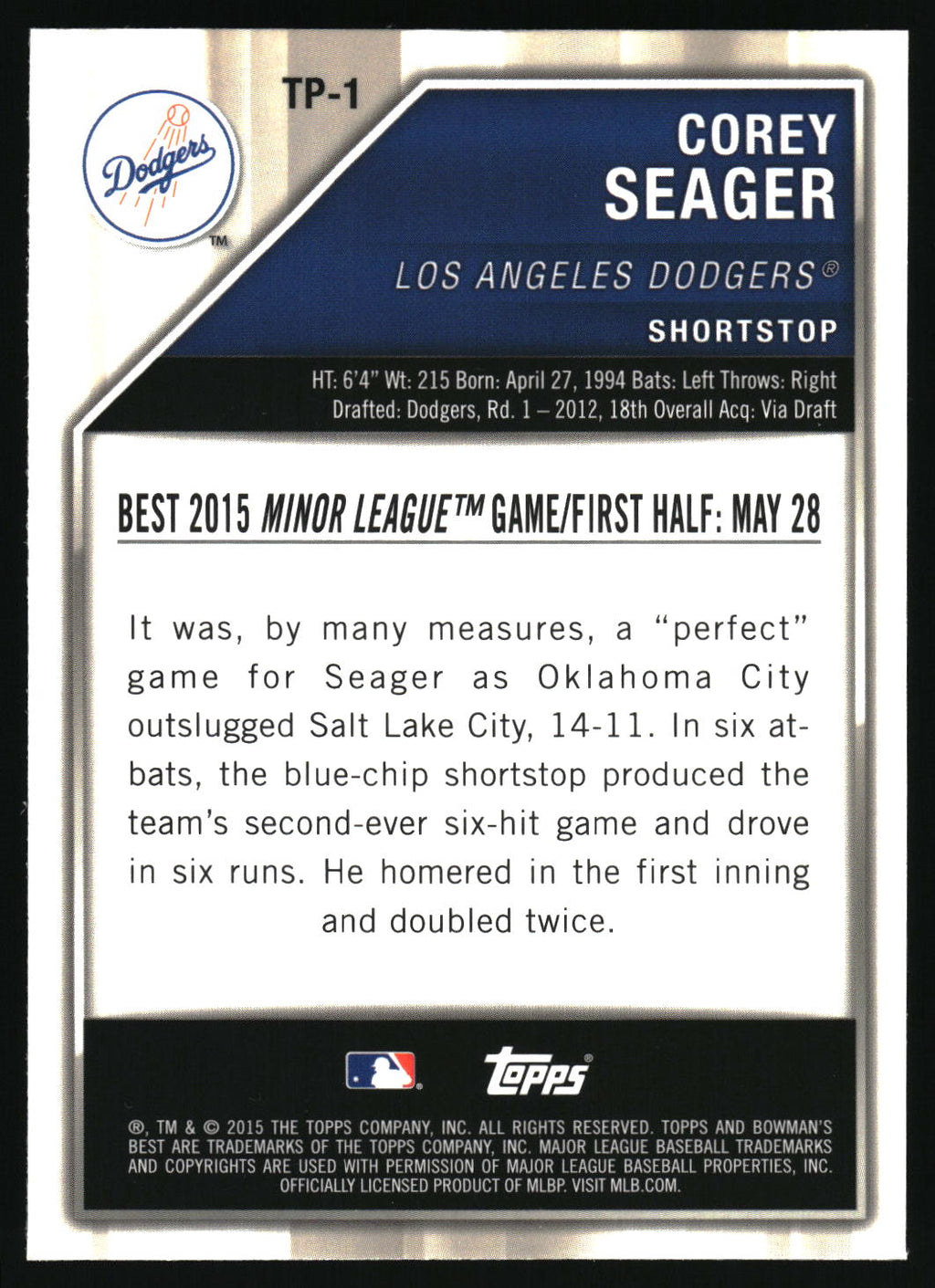 2015 Bowman's Best #TP-1 Corey Seager Top Prospects