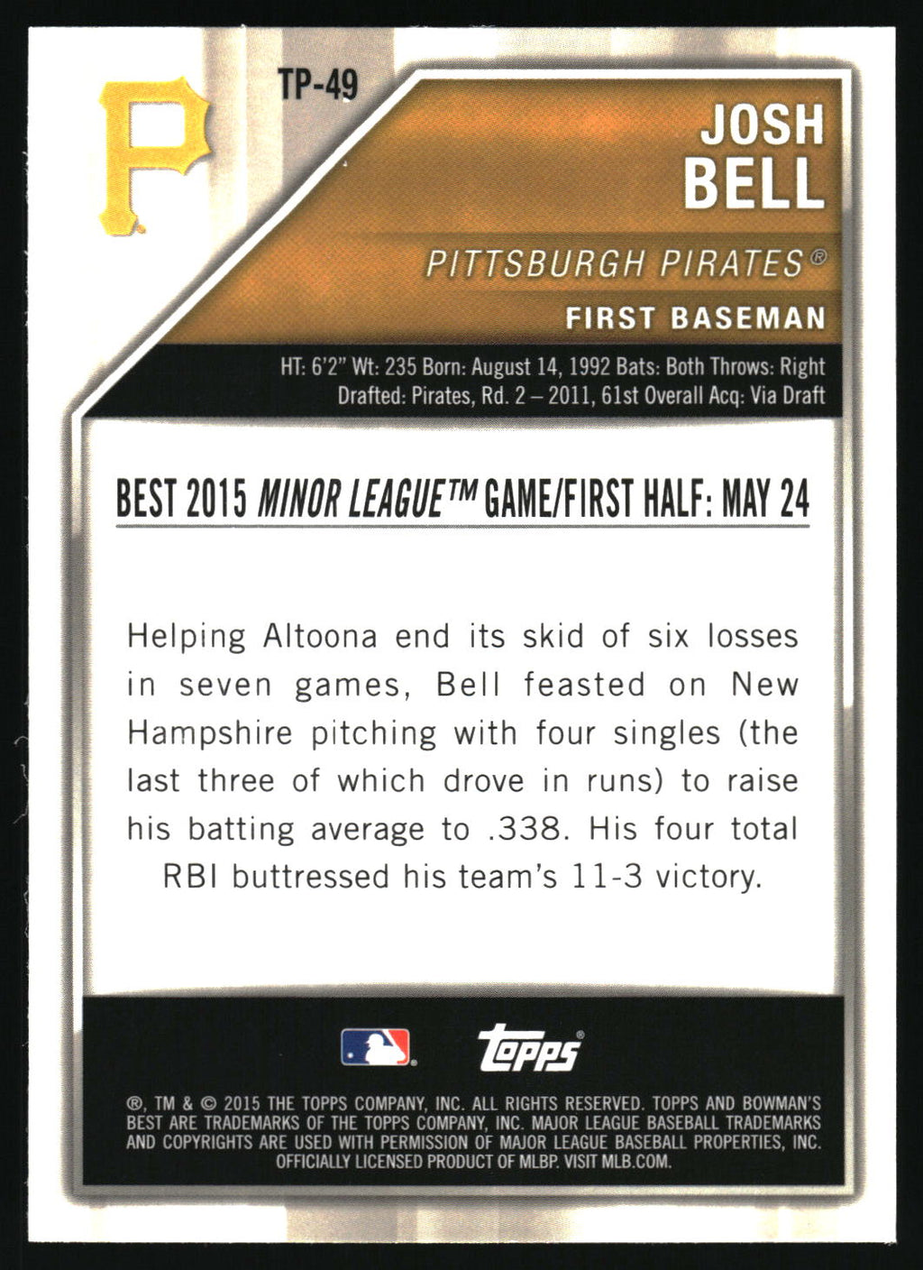 2015 Bowman's Best #TP-49 Josh Bell Top Prospects Atomic Refractor