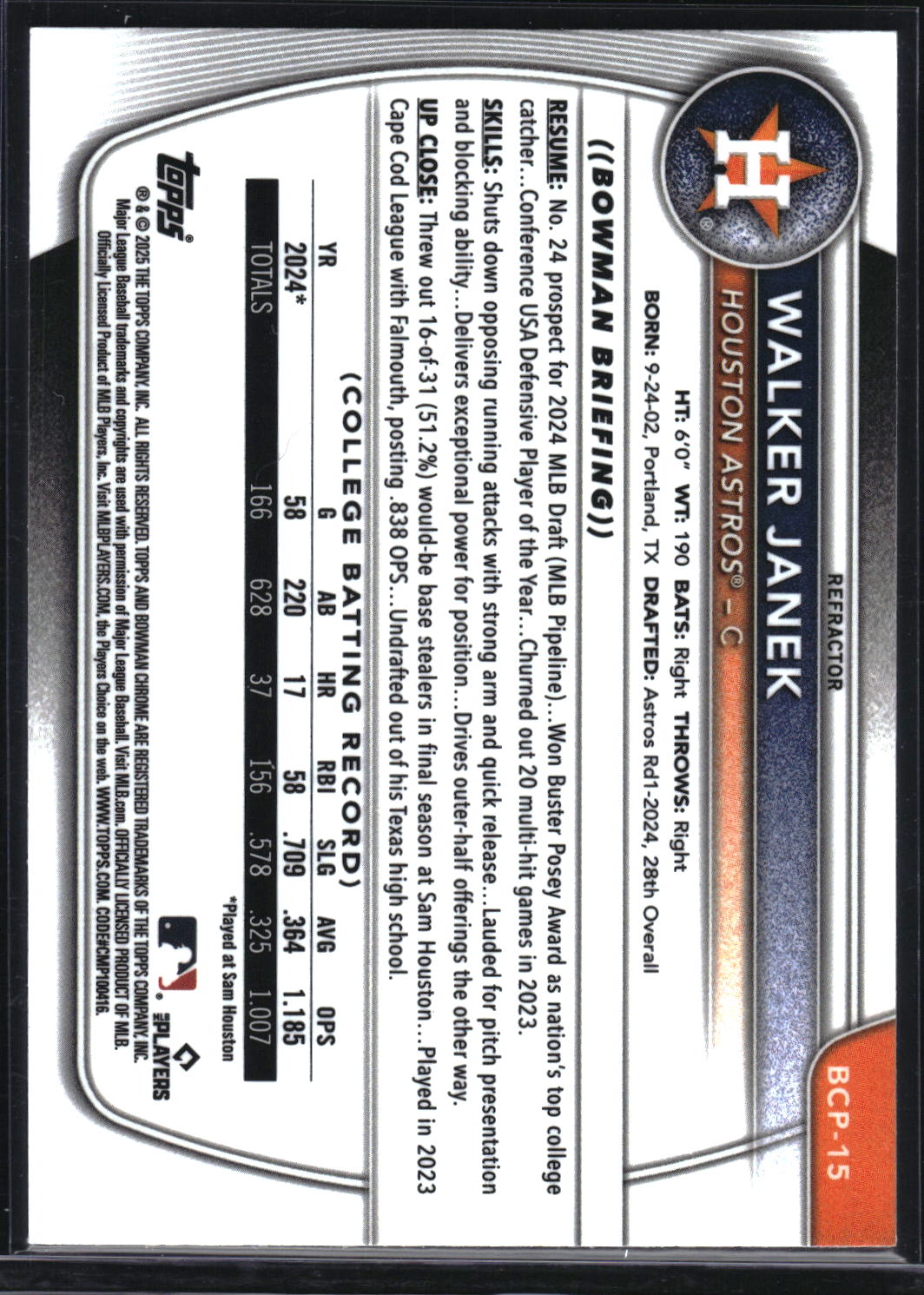 2025 Bowman #BCP-15 Walker Janek Chrome Prospects Refractor #/499
