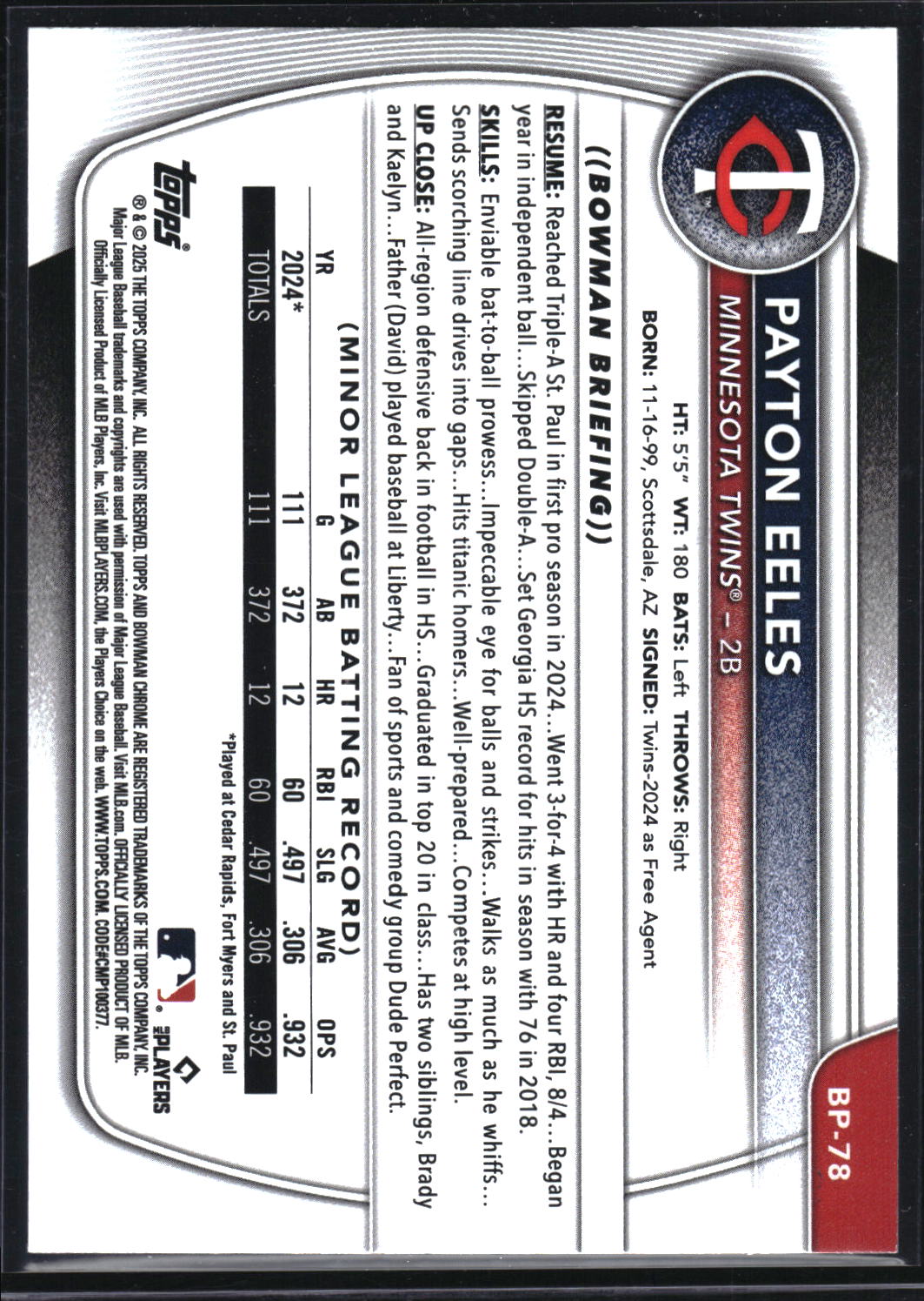 2025 Bowman #BP-78 Payton Eeles Prospects Sky Blue #/499