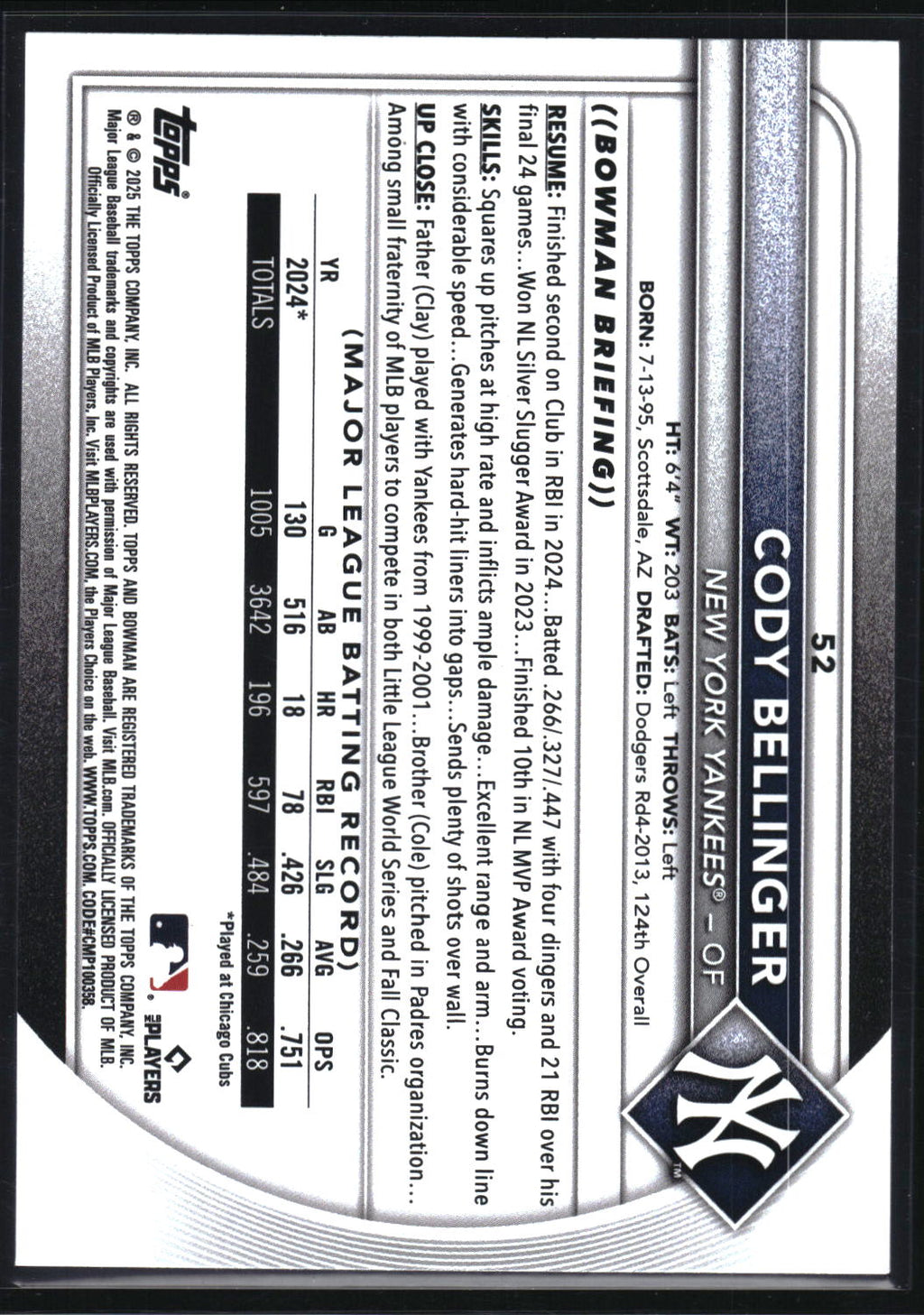 2025 Bowman #52 Cody Bellinger Sky Blue #/499
