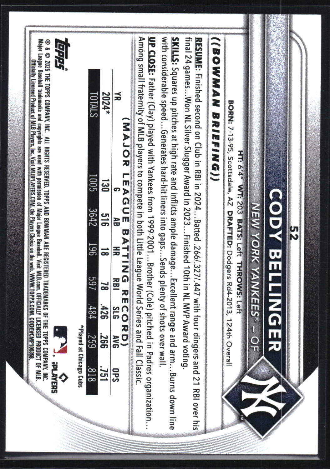 2025 Bowman #52 Cody Bellinger Sky Blue #/499