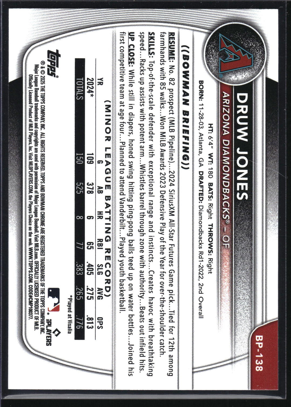 2025 Bowman #BP-138 Druw Jones Prospects Sky Blue #/499
