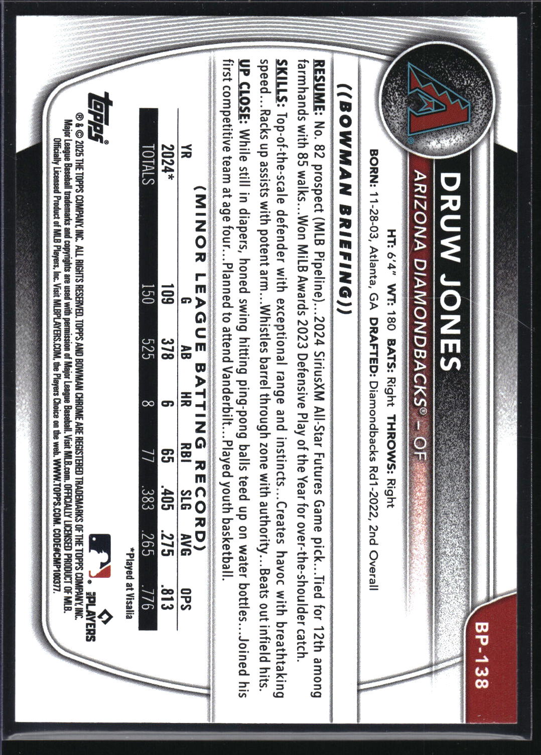 2025 Bowman #BP-138 Druw Jones Prospects Sky Blue #/499