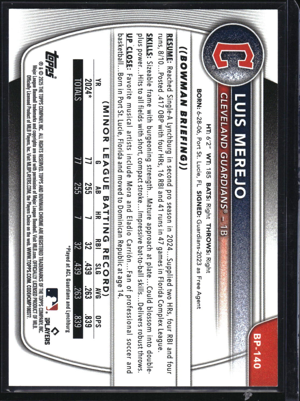 2025 Bowman #BP-140 Luis Merejo Prospects Sky Blue #/499