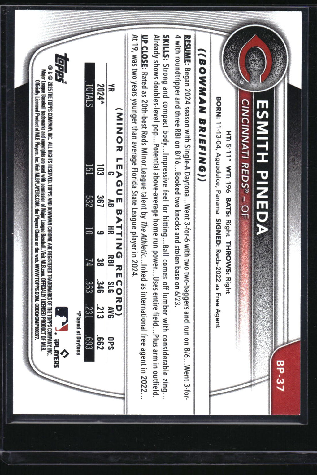 2025 Bowman #BP-37 Esmith Pineda Prospects Sky Blue #/499