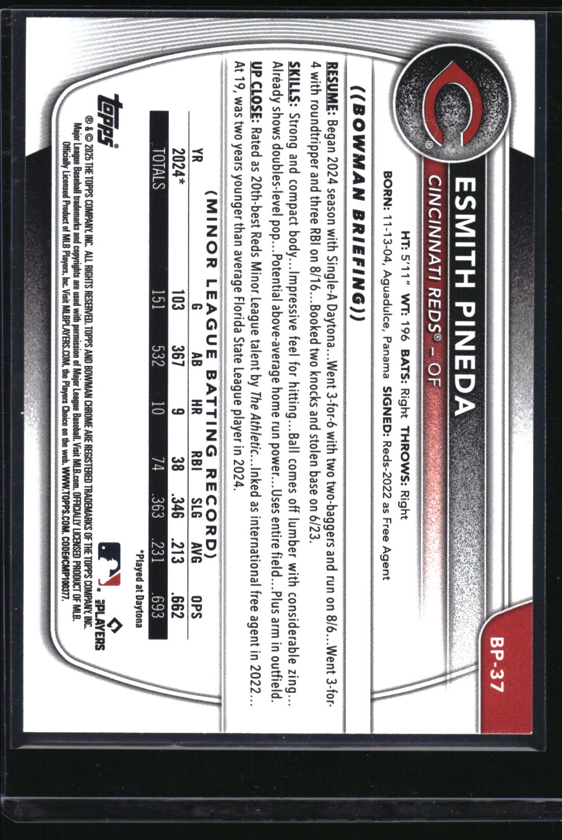 2025 Bowman #BP-37 Esmith Pineda Prospects Sky Blue #/499