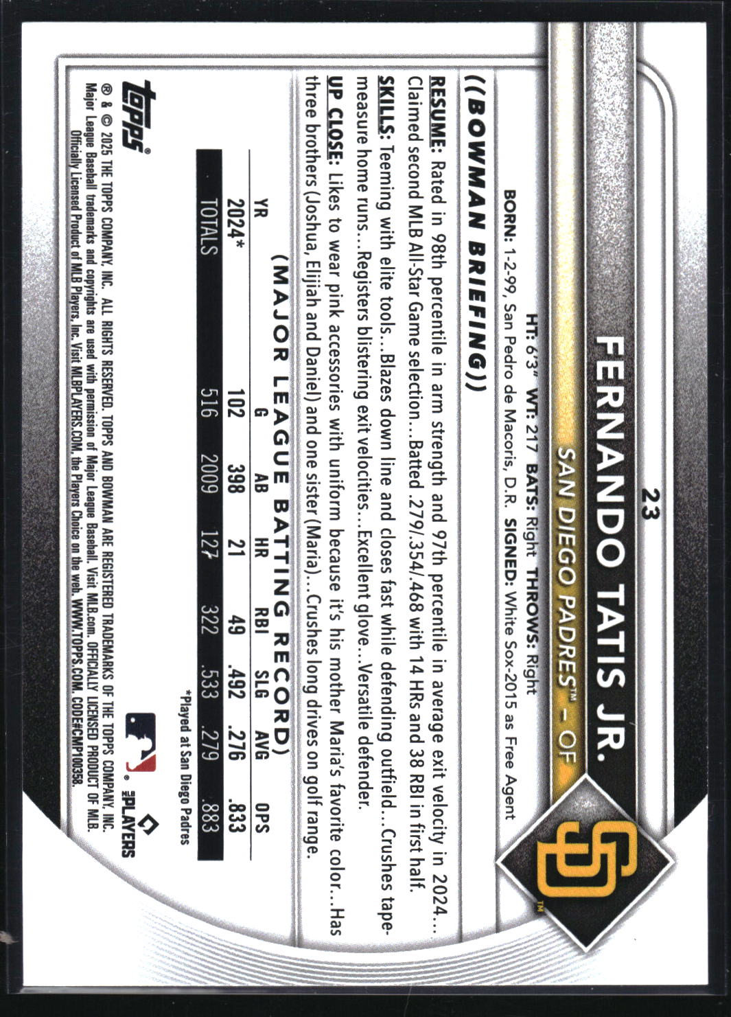 2025 Bowman #23 Fernando Tatis Jr. Sky Blue #/499