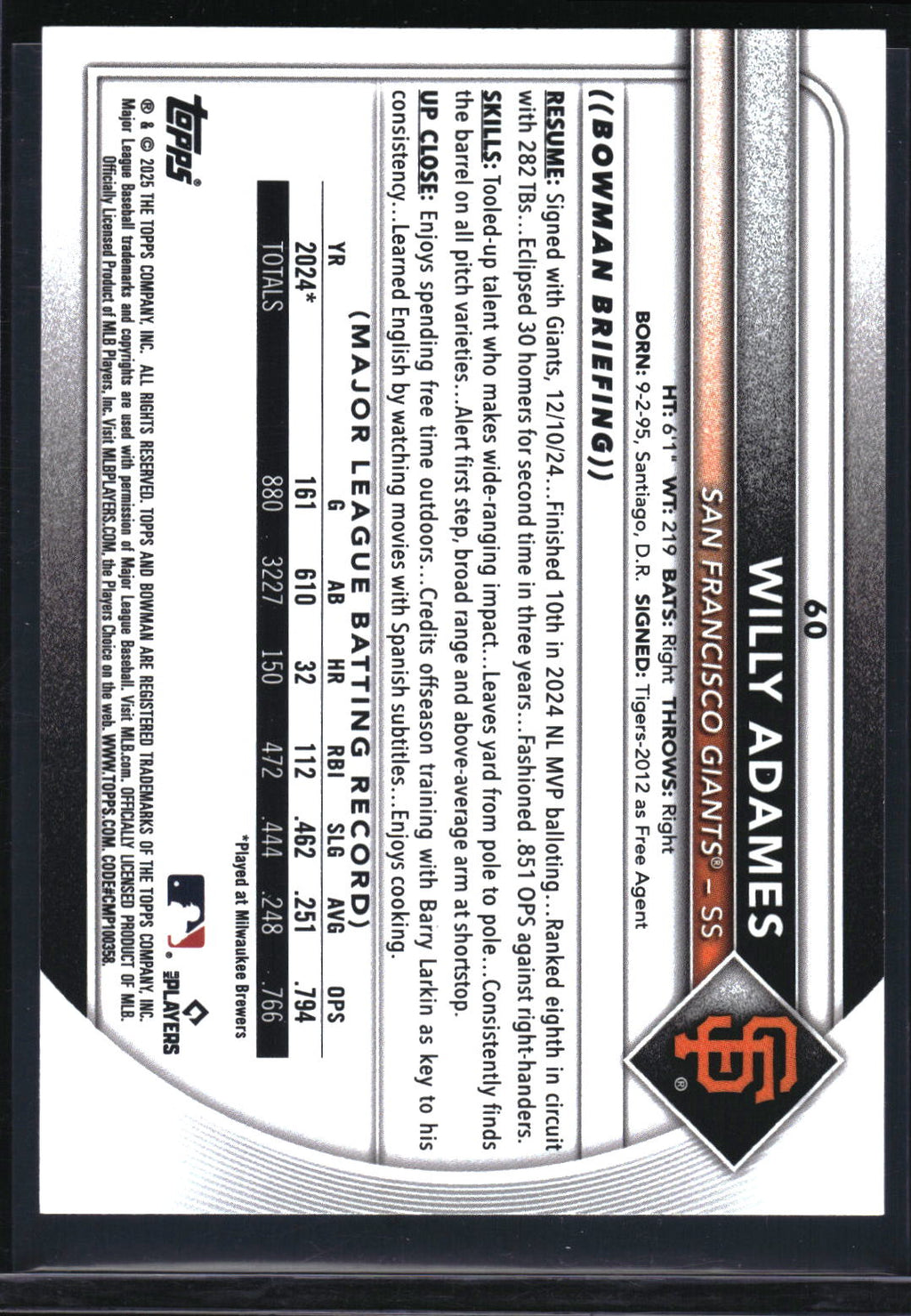 2025 Bowman #60 Willy Adames Sky Blue #/499
