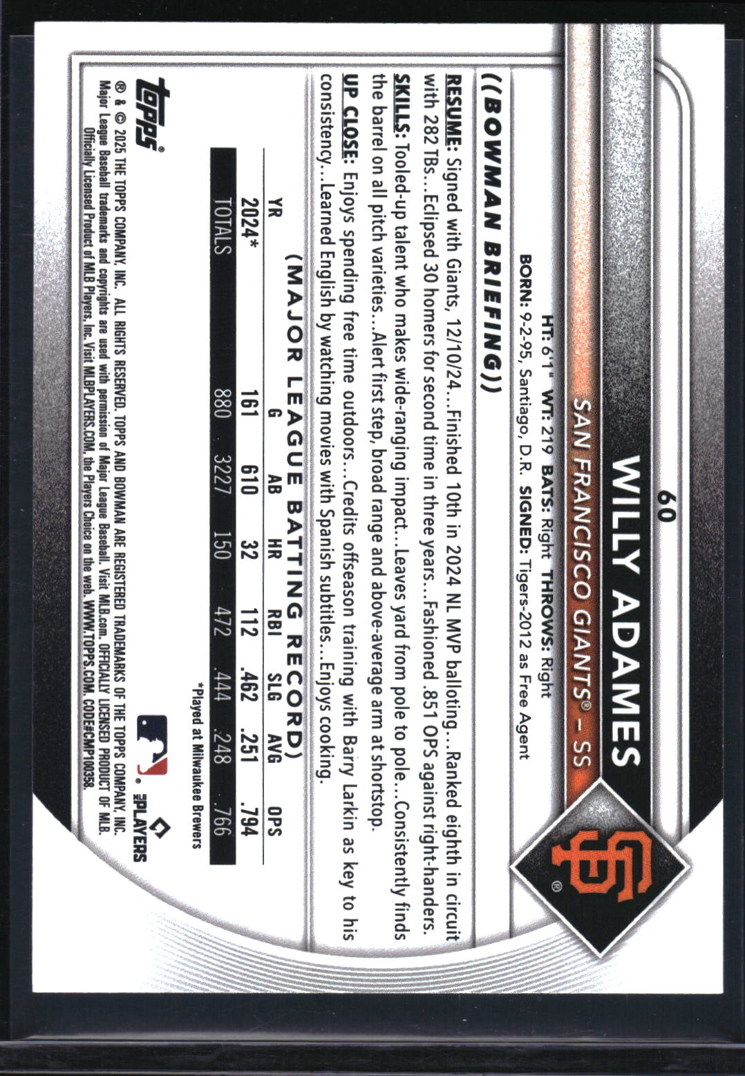 2025 Bowman #60 Willy Adames Sky Blue #/499