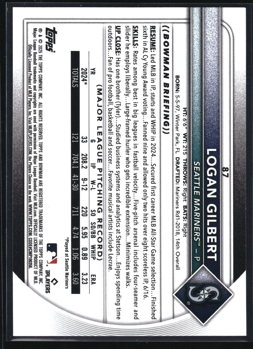 2025 Bowman #87 Logan Gilbert Neon Green #/399