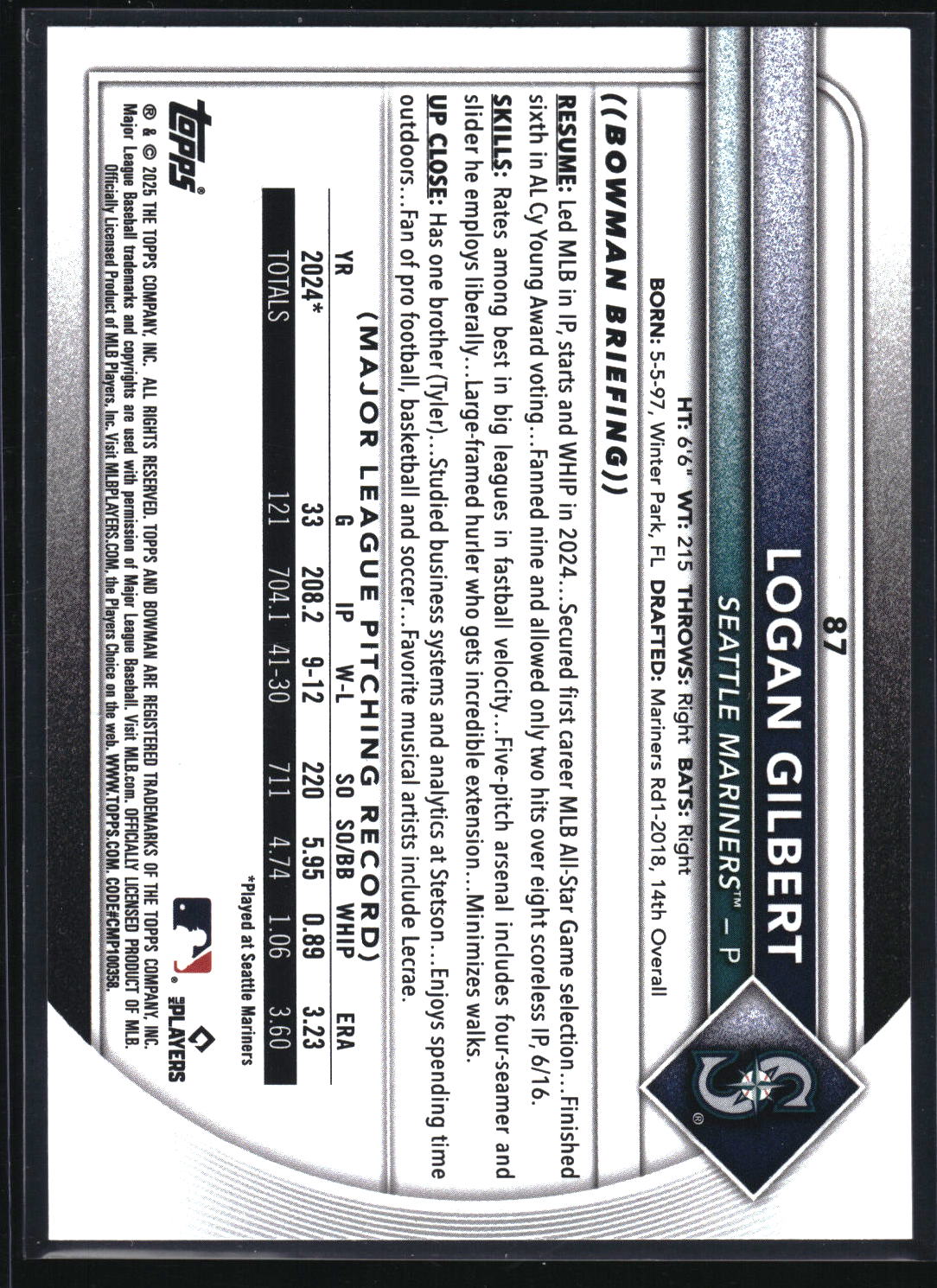 2025 Bowman #87 Logan Gilbert Neon Green #/399