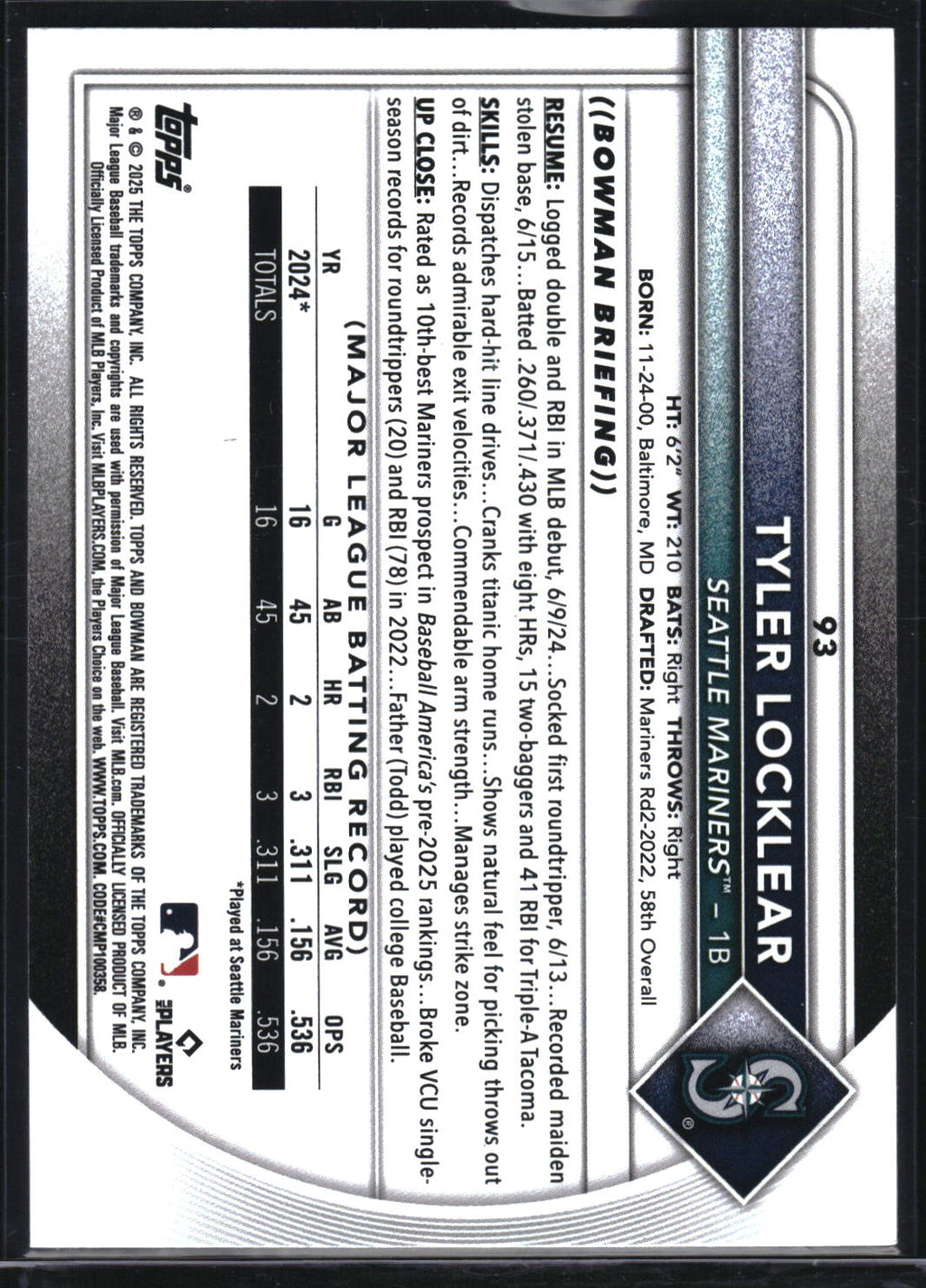 2025 Bowman #93 Tyler Locklear Neon Green #/399