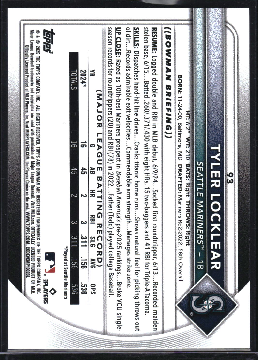 2025 Bowman #93 Tyler Locklear Neon Green #/399