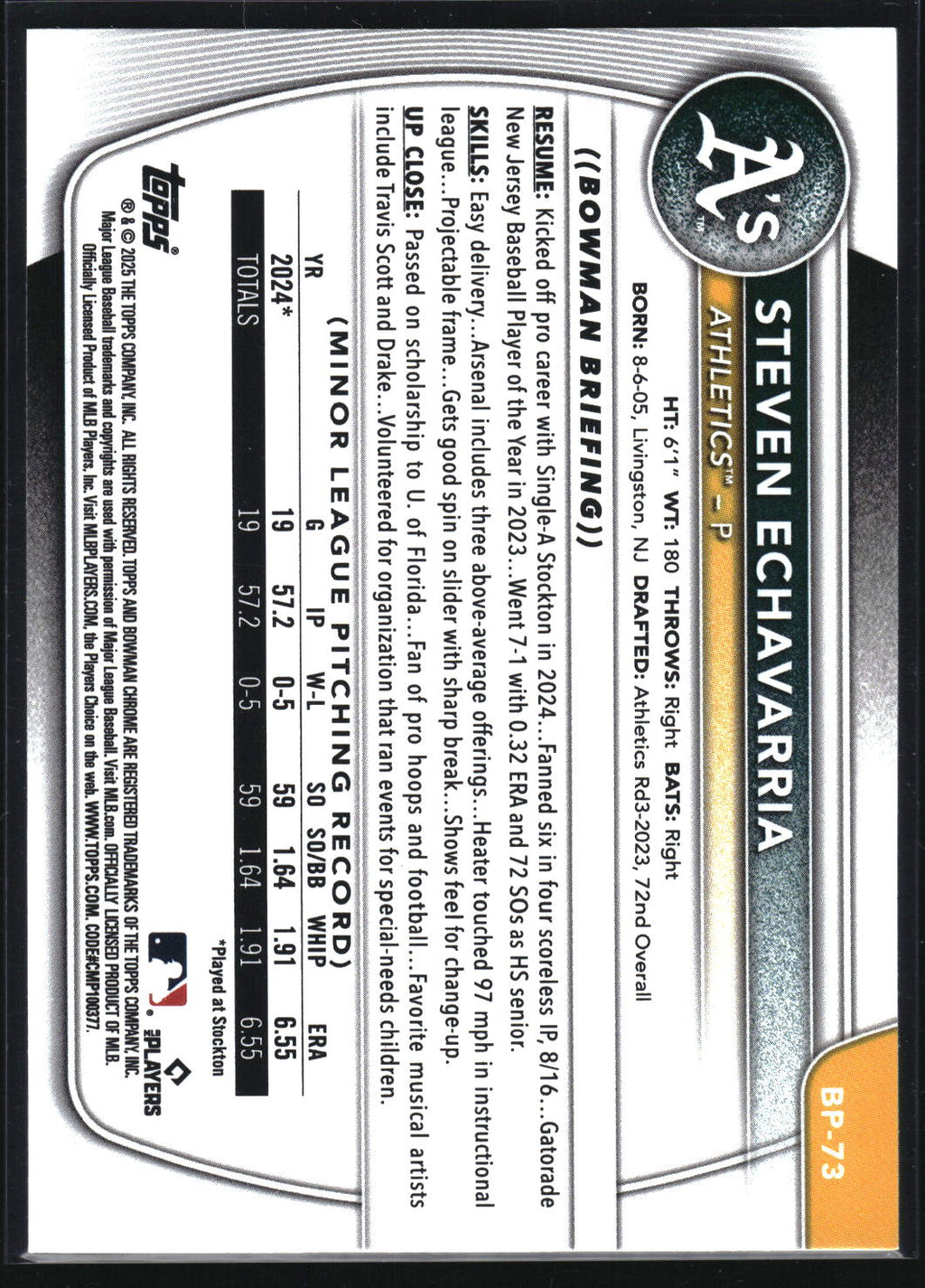 2025 Bowman #BP-73 Steven Echavarria Prospects Neon Green #/399