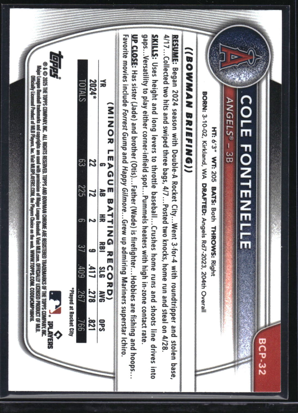 2025 Bowman #BCP-32 Cole Fontenelle Chrome Prospects Lava Refractor #/399